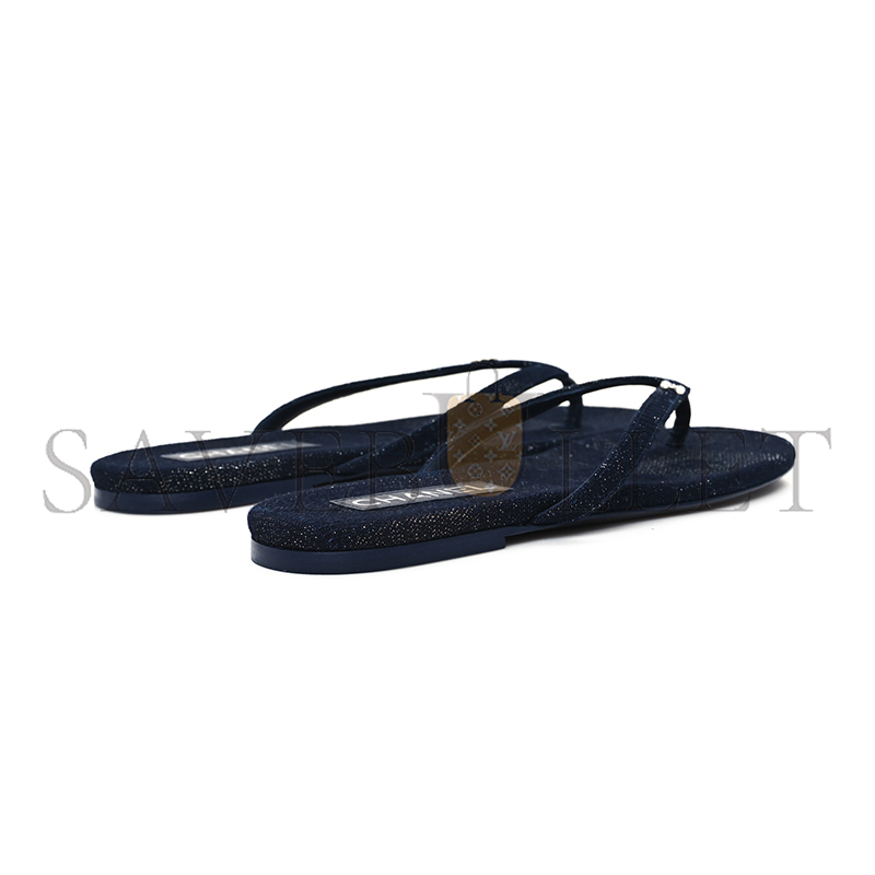 CHANEL COTTON SILK CRYSTAL CC THONG SANDALS DARK BLUE SILVER 362268